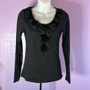 AnM Women’s Black Long Sleeve Blouse XS Sheer Top Faux Black Roses